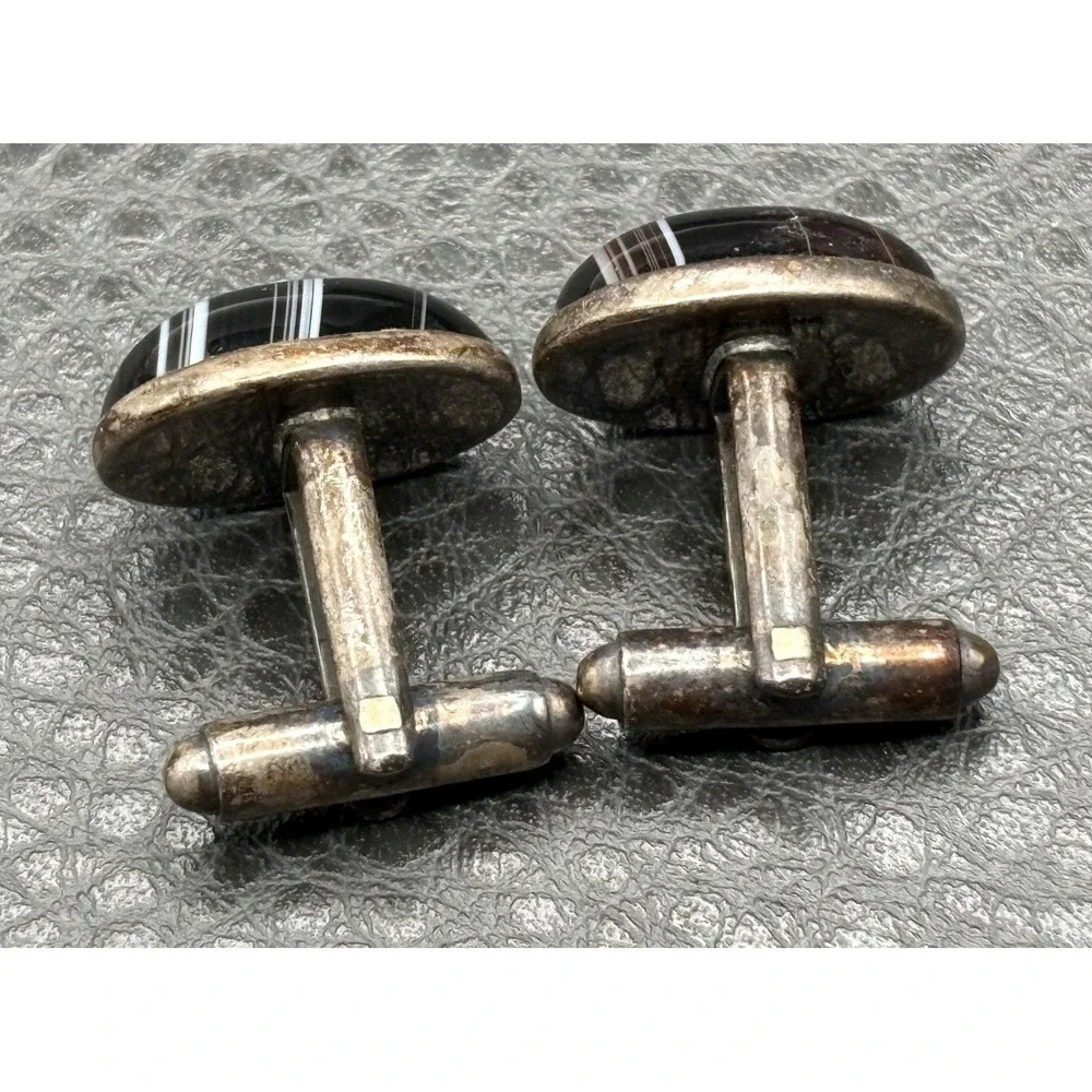 Vintage Sterling Silver 925 Black Brown White Banded Agate Oval Cufflinks